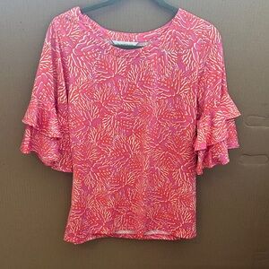 Flutter Sleeve Printed Blouse in Coral Pink